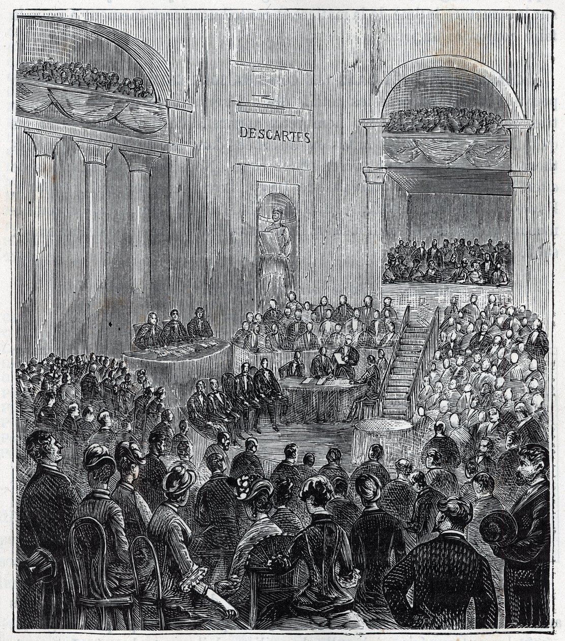 Jacques Babinet (1794 - 1872), francouzský fyzik a astronom na slavnostním setkání pěti akademií v roce 1840 - Rytina v „Vědách dosažitelných všem – fyzika a chemie“ od Alexise Clerca – Konec 19. století. Soukromá sbírka. od French School