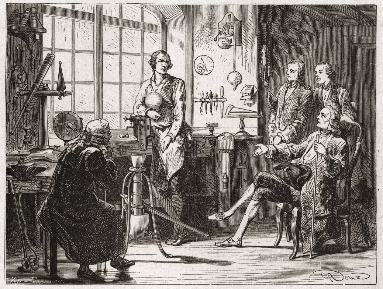 James Watt (vynálezce parního stroje v roce 1769) ve svém obchodě v Glascow - v „“ Album of Science; věhlasní vědci; Velké objevy “”” 1896. od French School