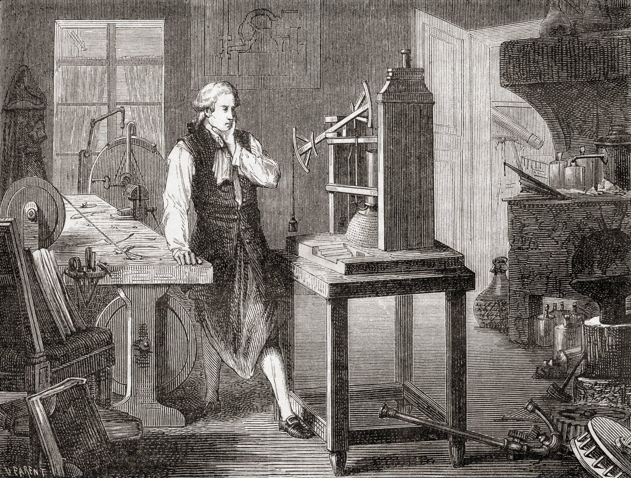 James Watt ve své dílně v Glasgow vylepšoval parní stroj Newcomen z roku 1712 Thomase Newcomena svým parním strojem Watt v roce 1781, z Les Merveilles de la Science, pub.1870. od French School