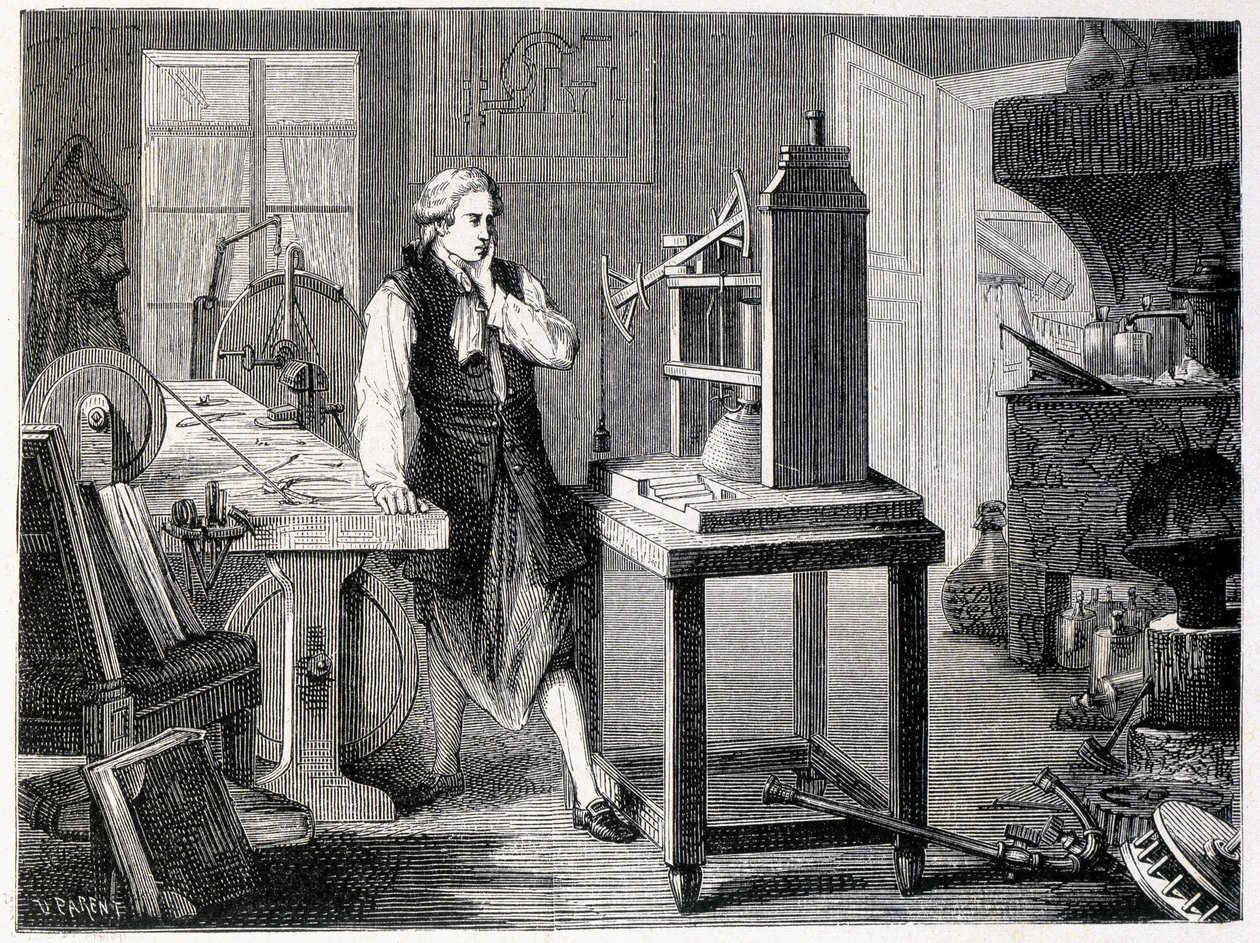 James Watt studující zdokonalení Newcomenova stroje (1767) - v „“ Album of Science; proslulí učenci; Velké objevy““ 1896. od French School