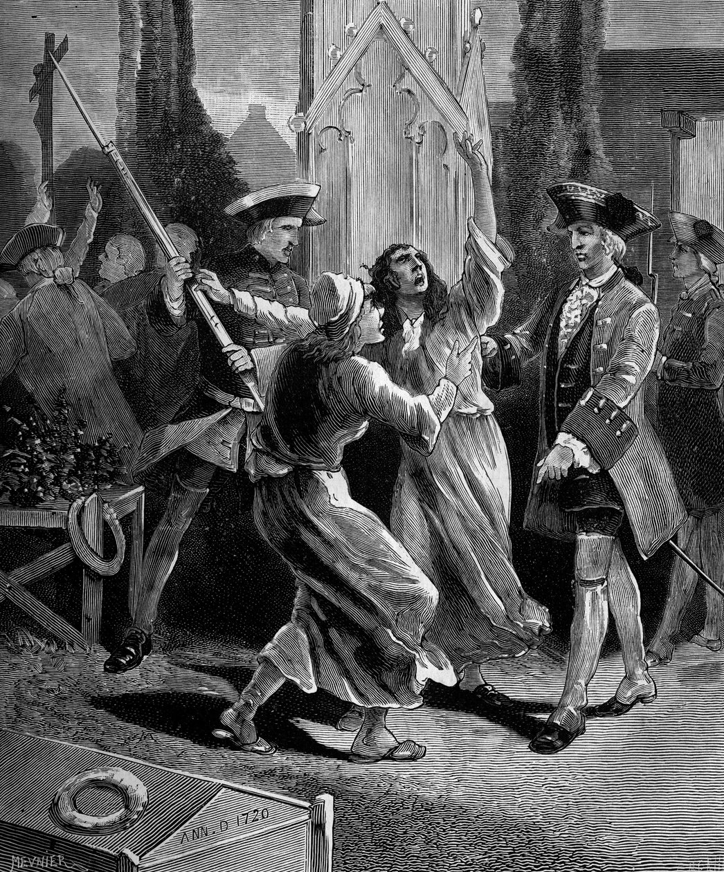 Jansenismus: konvulsionáři (jansenističtí fanatici) loví ze hřbitova Saint Medard za Ludvíka XV. od French School