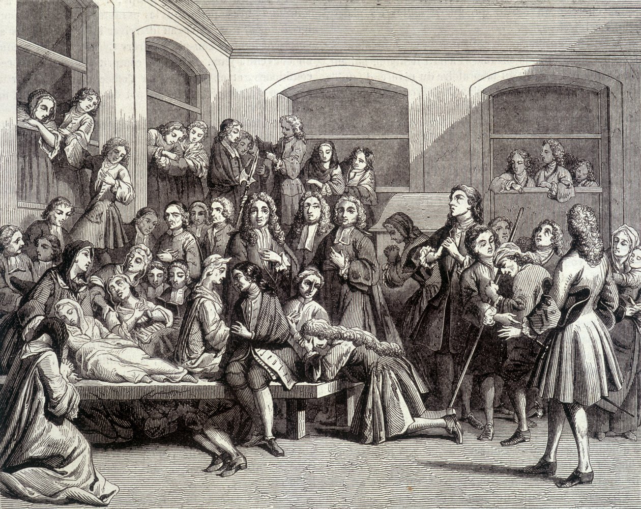 Jansenismus: křeči na hřbitově Saint-Médard na hrobě jáhna Parîse (1690 - 1727), kde se děly „zázraky“. tisk z 18. století. od French School
