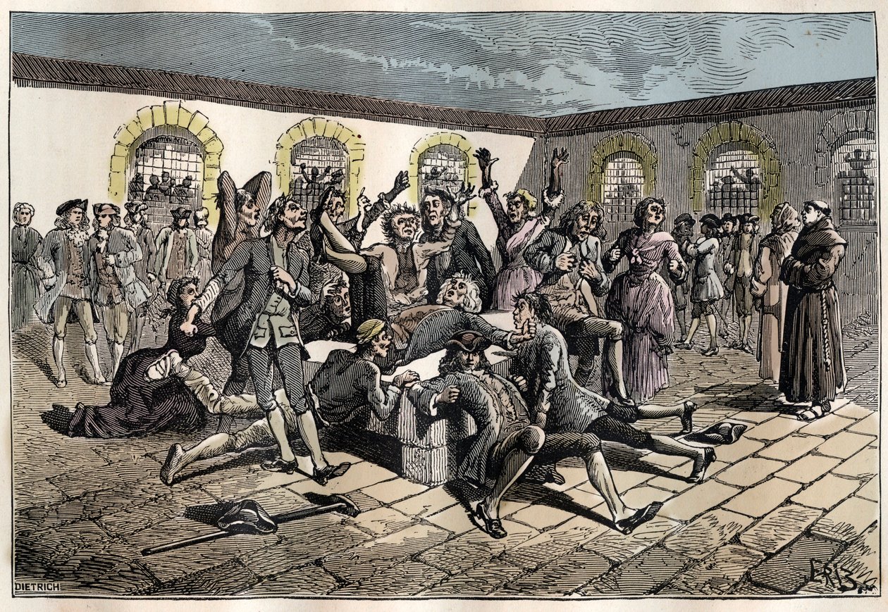 Jansenist convulsionary (nebo Saint Medard) (Díla křečí) v 18. století: „“ nemocní a nemohoucí jdou na hřbitov saint-medard (kde se nachází hrob jáhna Francoise Paris), aby tam byli zázračně gueris“ (Cvičení Convulsionnaire - Con od French School