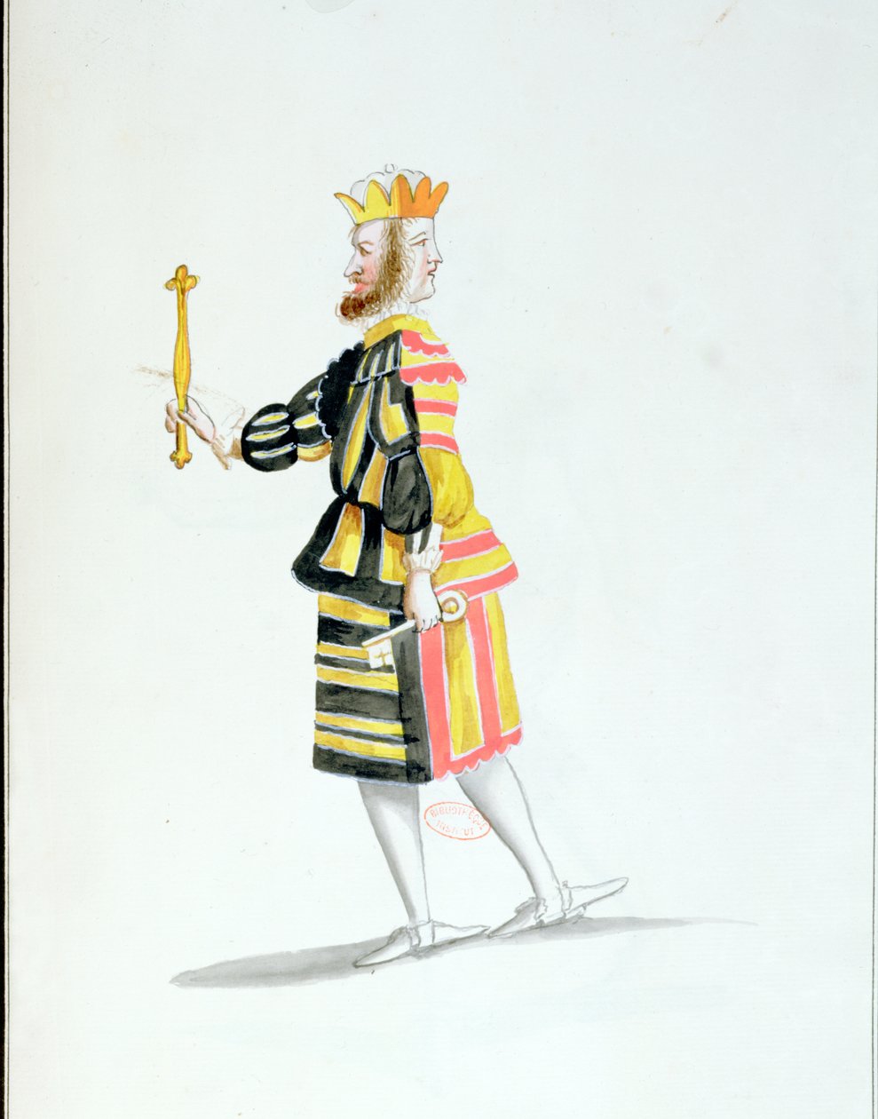 Kostým Janus pro Ballet de la Nuit od Jean-Baptiste Lullyho (1632-87) tančil Ludvík XIV., 23. února 1653 (wc na papíře) od French School