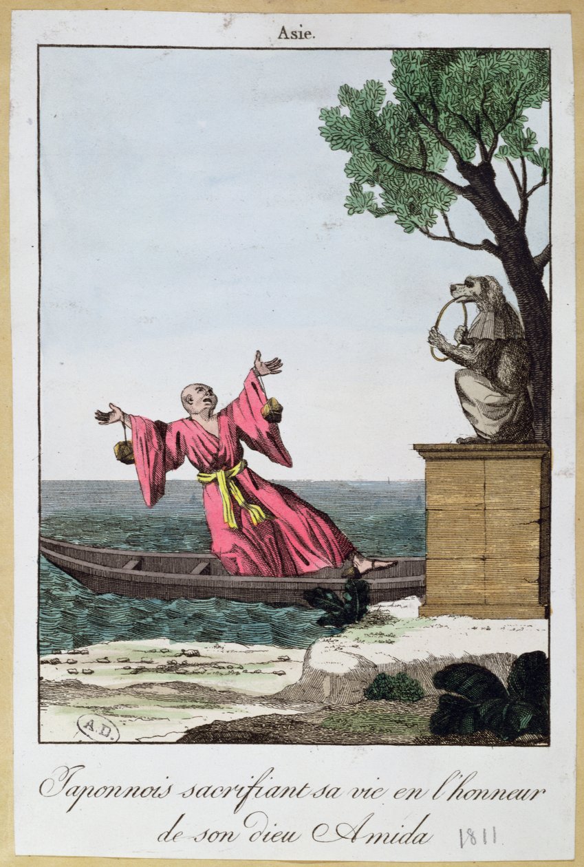 Japonec obětující svůj život na počest boha Amidy, 1811 (barva litho od French School