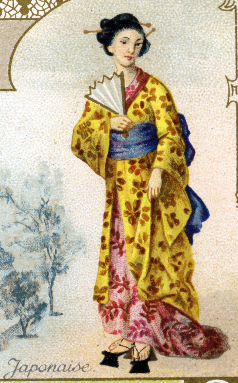 Japonka. Edice pařížská litografie, konec 19. století. Série 25 reklamních chromů pro dijonskou výrobnu Biscuits Pernot, vytvořená v roce 1869. Detail postav v tradičním kroji od French School