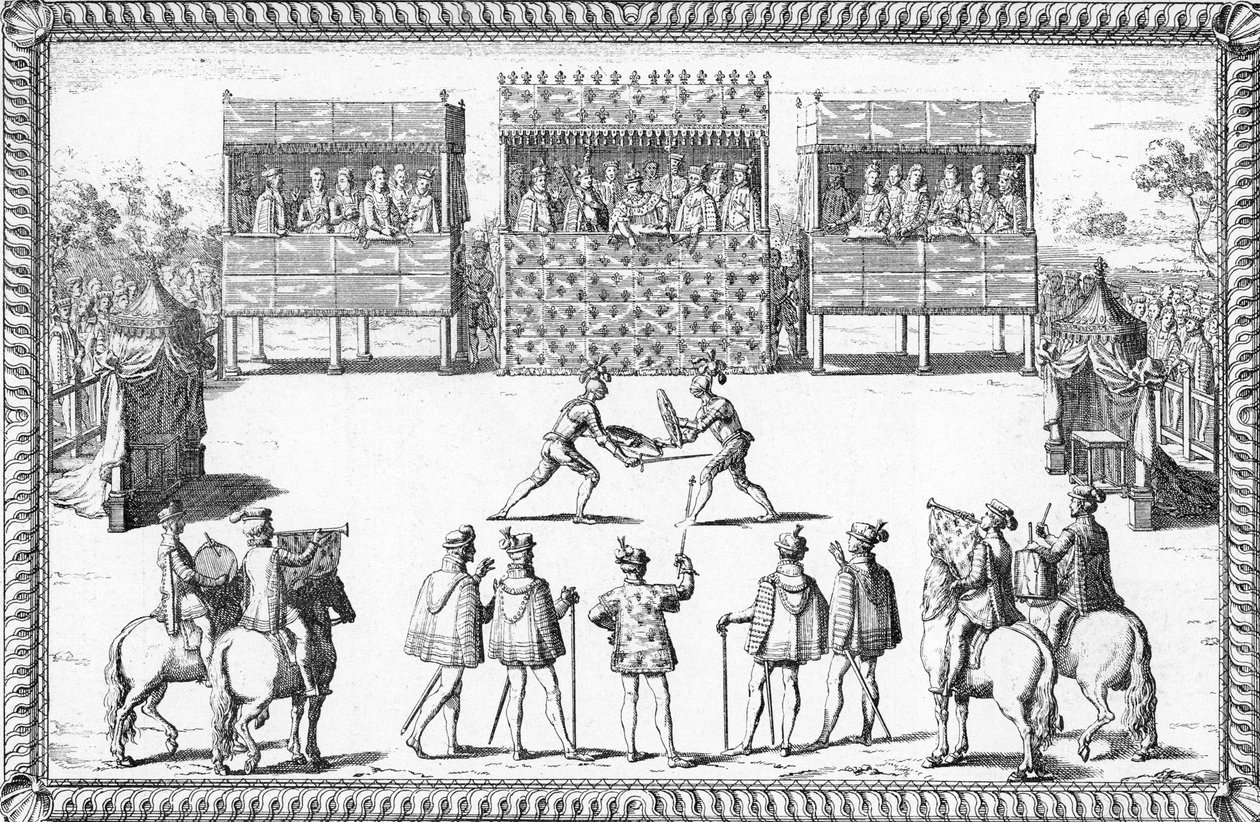 Jarnacův puč: Souboj Guye Chabota de Jarnaca a Francoise de Vivonne de la Chataignerie před soudem v Saint-Germain-en-Laye od French School