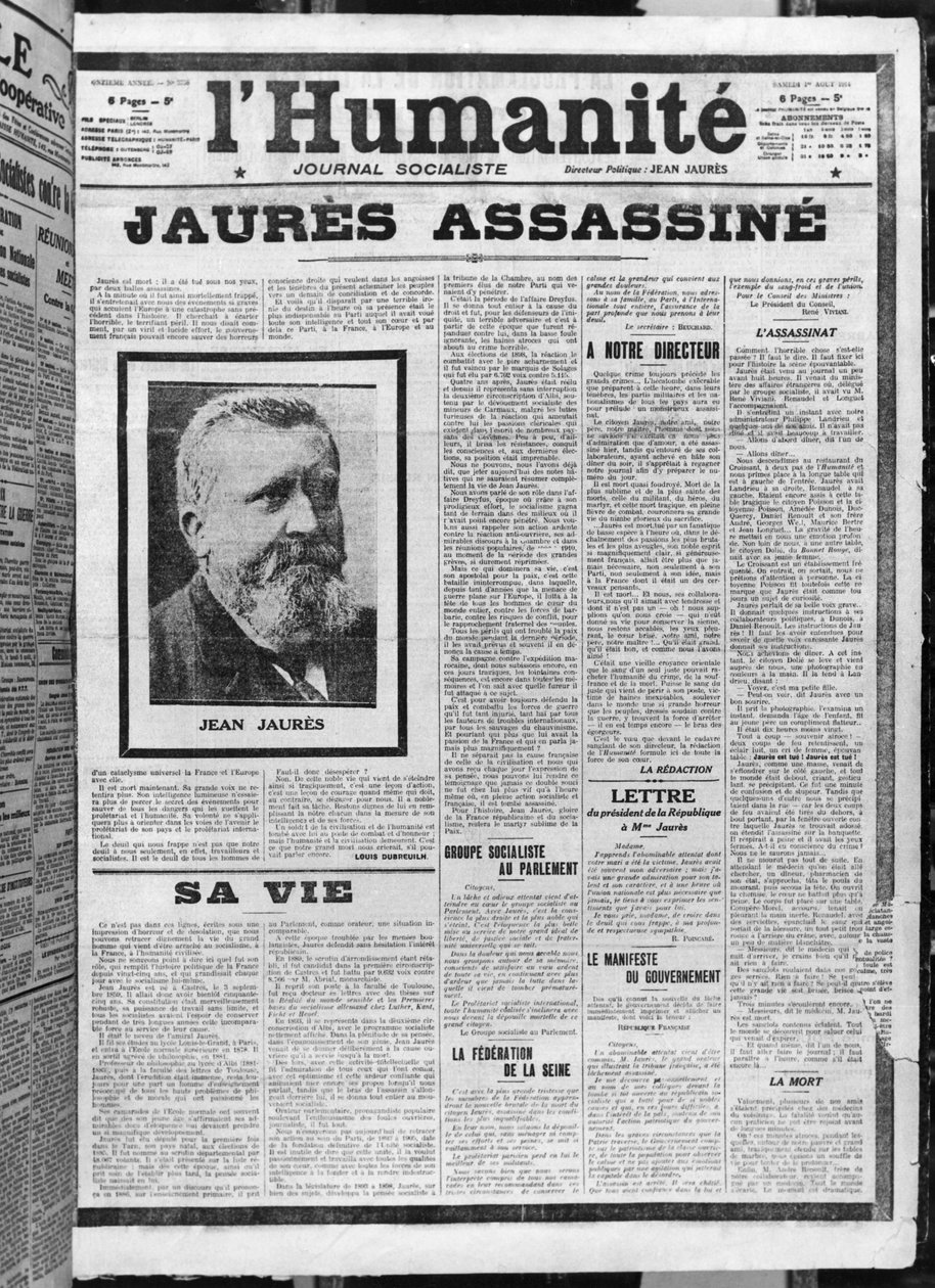 Jaures zavražděn, z LHumanite, 1. srpna 1914 (fotolitho) od French School