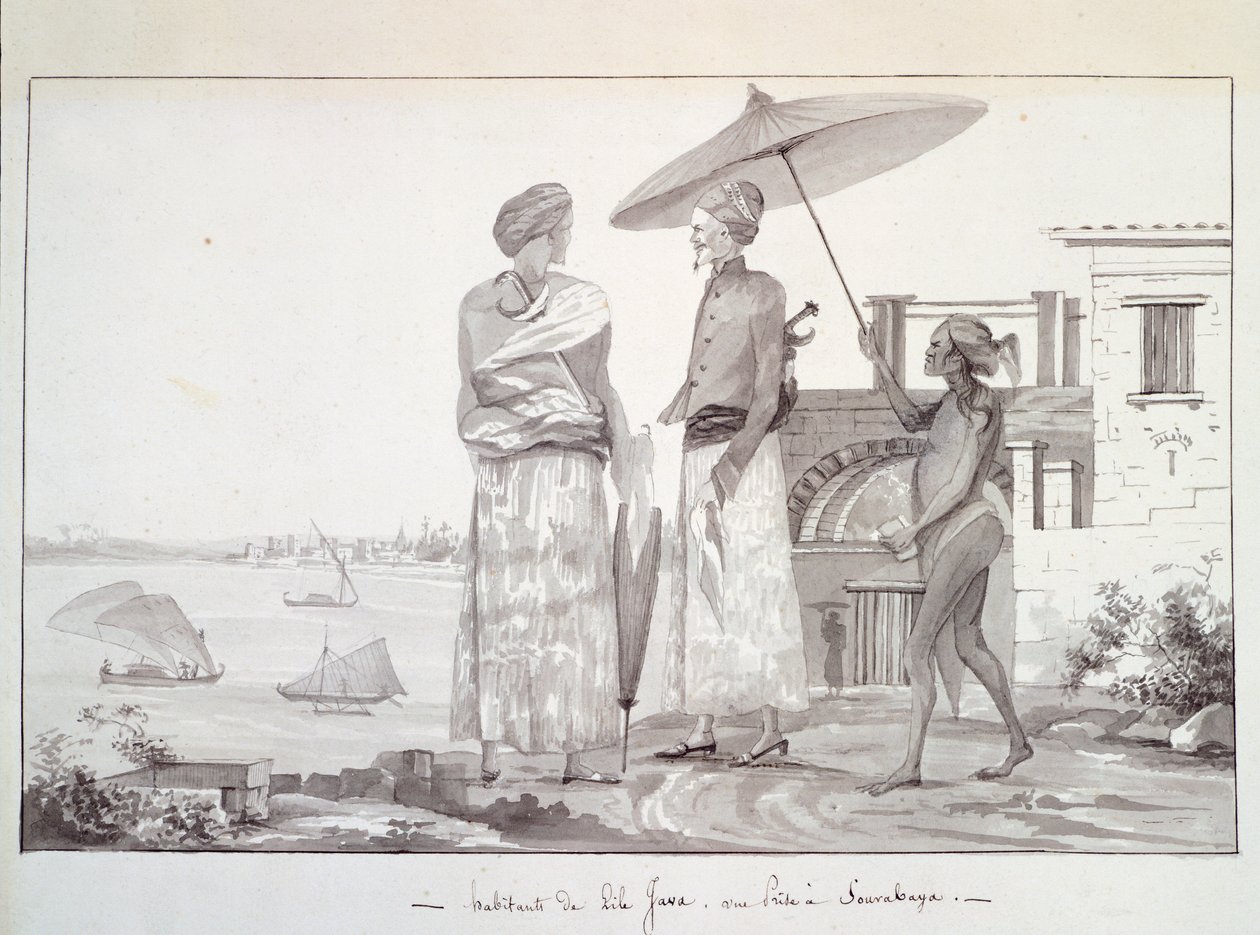 Obyvatelé ostrova Jáva na cestě do Surabaye, Ilustrace z Cesty kolem světa od Louis Isidore Duperrey, L F Lejeune od French School
