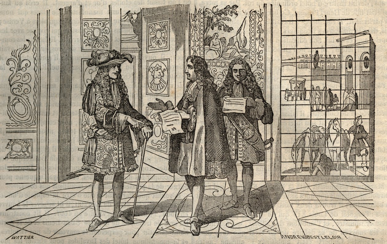 Jean Baptiste Colbert (Jean-Baptiste) (1619-1683) na setkání s králem Ludvíkem XIV. a Francoisem Louvoisem (1641-1691) ve Versailles - rytina podle Leclerca - od French School
