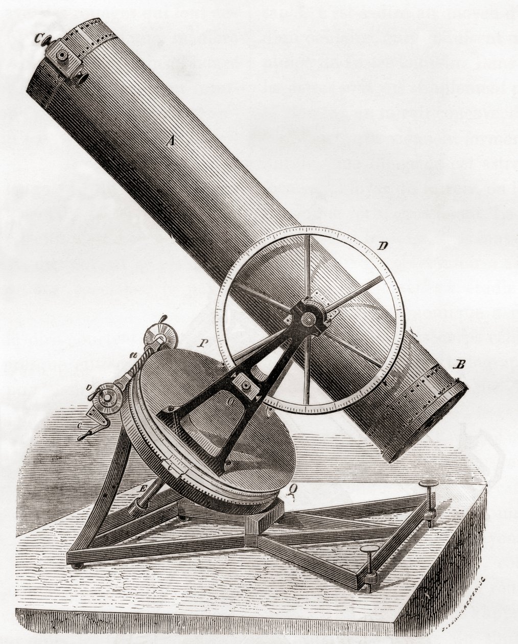 Zrcadlový dalekohled Jeana Bernarda Léona Foucaulta na rovníkové hoře podle kresby z 19. století z Les Merveilles de la Science, publikované kolem roku 1870 (rytina) od French School