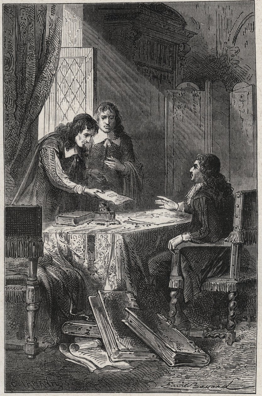 Jean Chapelain (1595-1674) francouzský básník a literární kritik a Pierre Costar (1603-1660) dal Jeanu Baptiste Colbertovi (1619-1683) seznam spisovatelů, kteří si zaslouží být králem důchodci - rytina „Les Hommes Celebres de la Francie“ od Louise Dumase 1 od French School