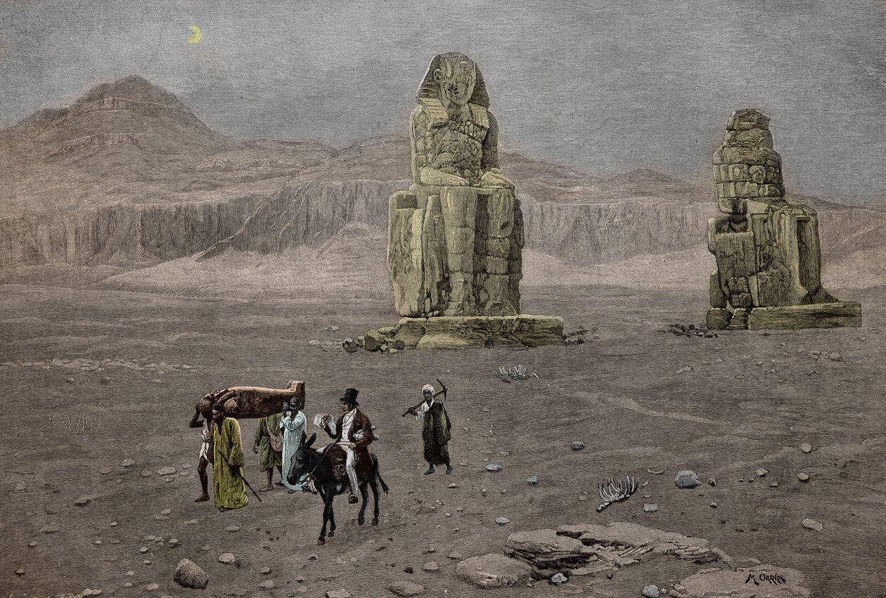 Jean Francois Champollion u Memnonových kolosů v Egyptě (rytina) od French School