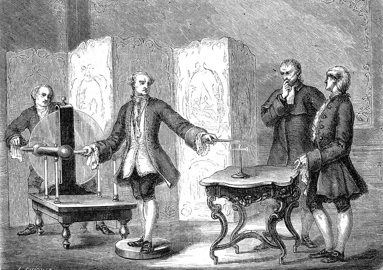 Jean JALLABERT (1712-1768), švýcarský fyzik, objevuje elektřinu na ostrých předmětech (Power of the Pointe od FRANKLIN). rytina 1867 od French School