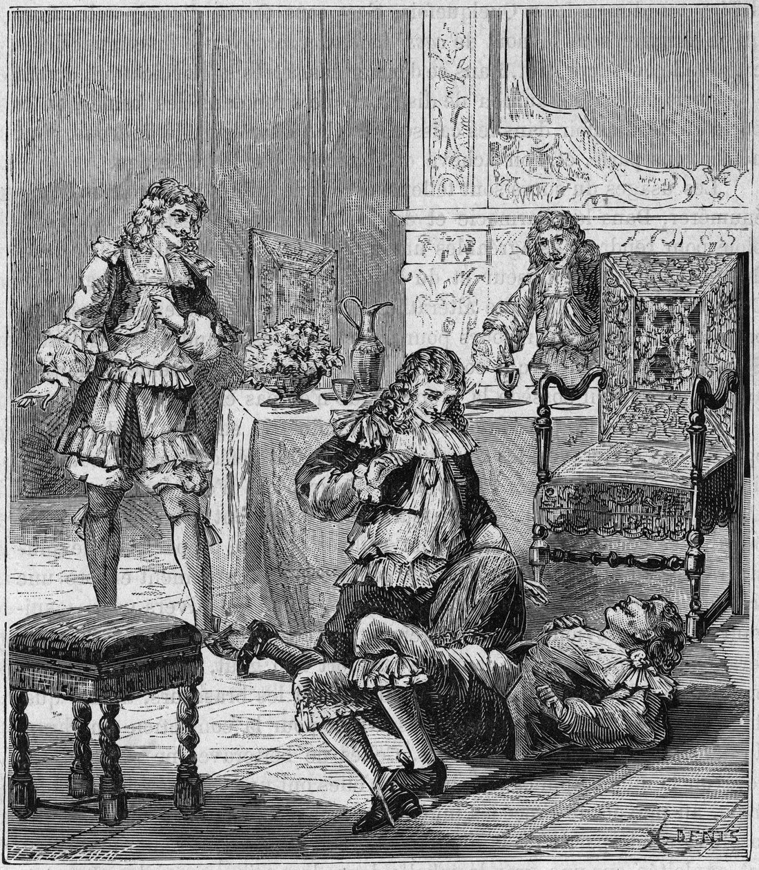 Jean de SANTEUL (Santeuil) (1630-1697) otráví sklenkou vína, do které byl vložen tabák ze Španělska - rytina "Vědy dostupné všem - fyzika a chemie"" od Alexise Clerca - konec 19. století - soukromá sbírka od French School