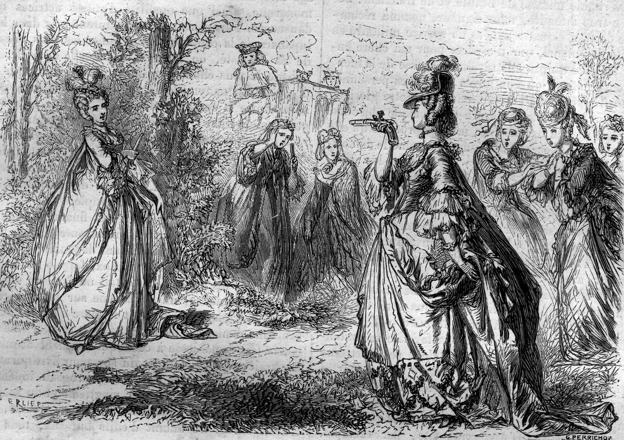 Jeanne Becu, hraběnka (nebo paní) z Barry (1743-1793)), oblíbenkyně Ludvíka XV. v pavilonu Lucienne. Rytina do „Historie papežů-králů-královen-a-císařů v průběhu staletí““ od Maurice Lachatre od French School