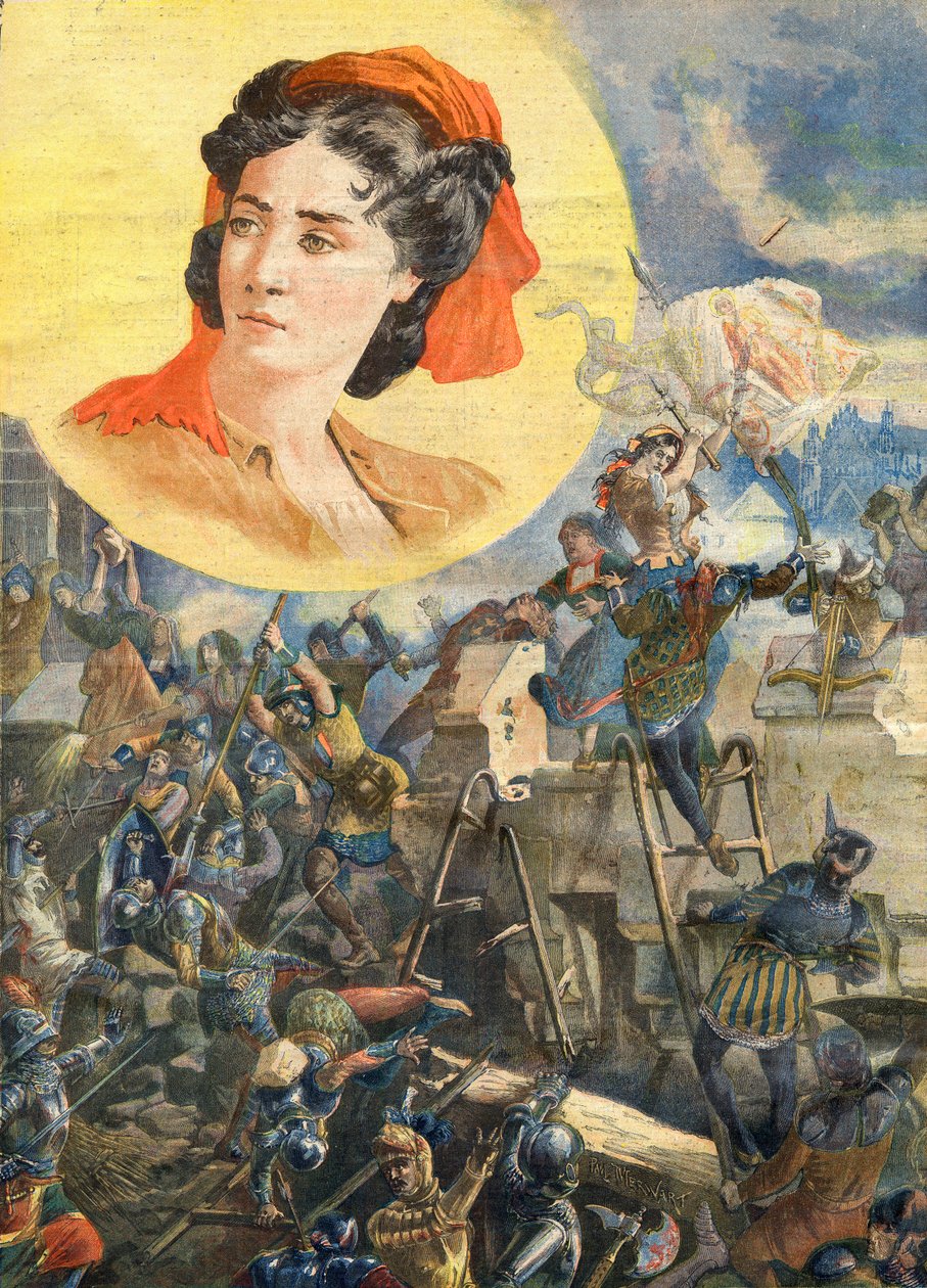 Jeanne Laisne (1456-?) , známá jako Jeanne Fourquet, přezdívaná Jeanne Hachette Heroine francaise - Jeanne Hachette v obležení Beauvais 1472 - Ilustrace pro Le petit Journal, 8. ledna 1894 od French School