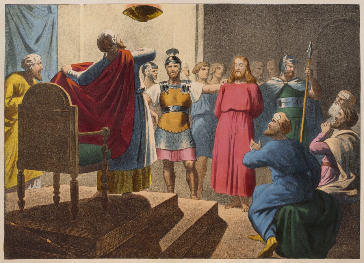 Ježíš Kristus před Kaifášem, ilustrace z katechismu LHistoire Sainte, vydal Charles Delagrave, Paříž, konec 19. století od French School