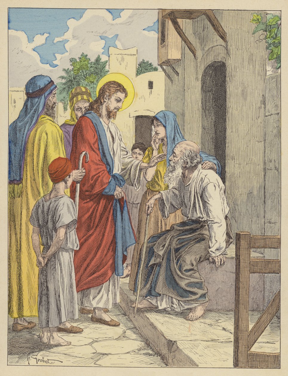 Ježíš uzdravuje slepce (barevná litografie) od French School