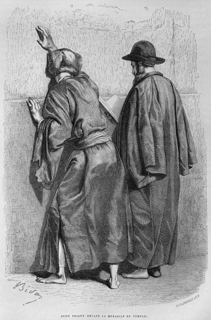 Židovští muži u Zdi nářků, od La Syrie dauhui. Voyage dans la Phenicie, le Liban et la Judee. 1875-1880 Louise Charlese Emila Lorteta, 1884 (čb rytina) od French School