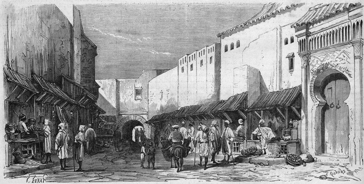 Židovská populace Tetouan (Tetuan) v Maroku: pohled na židovský bazar od French School