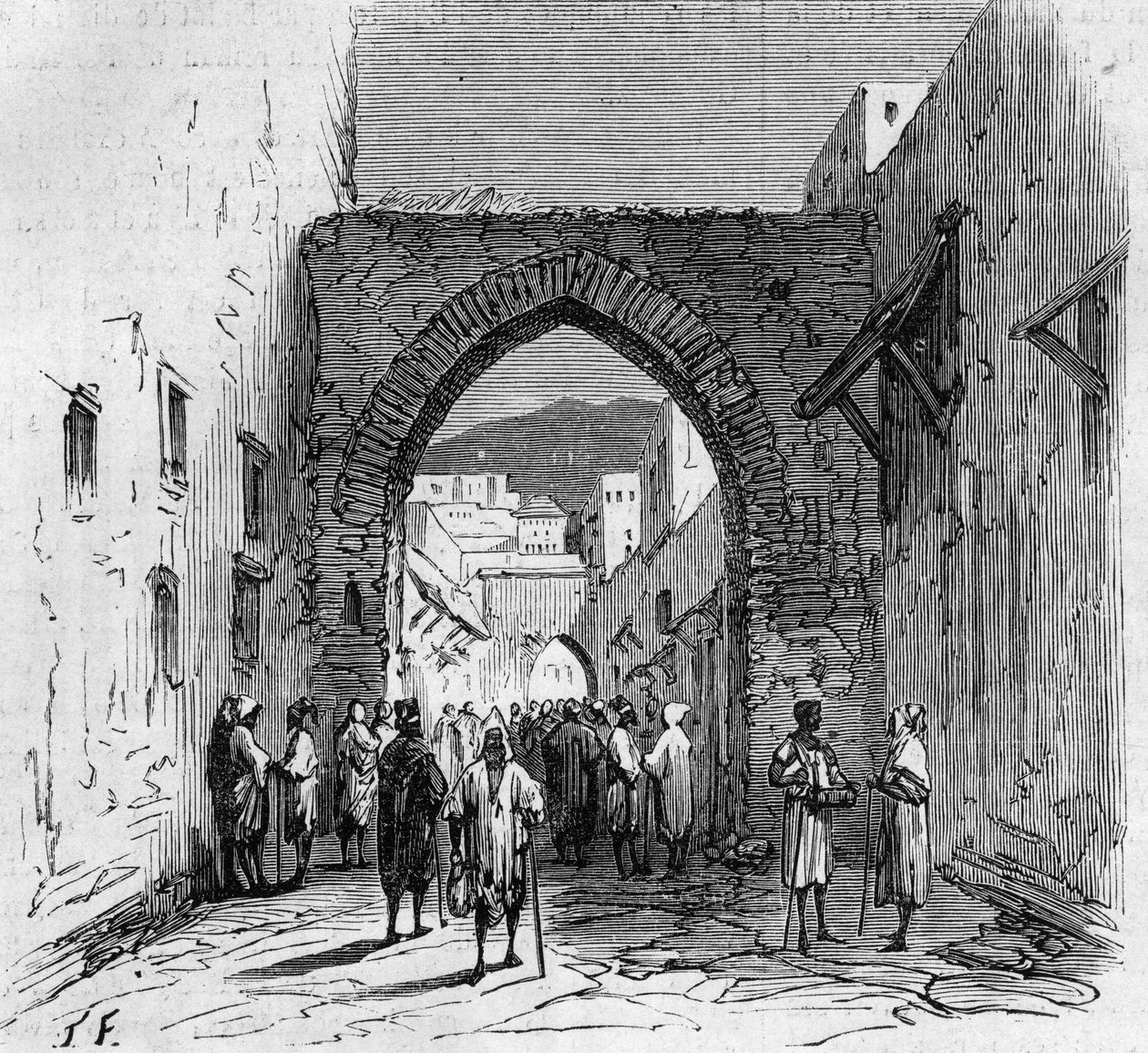 Židovská populace Tetouan (Tetouan) v Maroku: pohled na bránu židovského barrio od French School