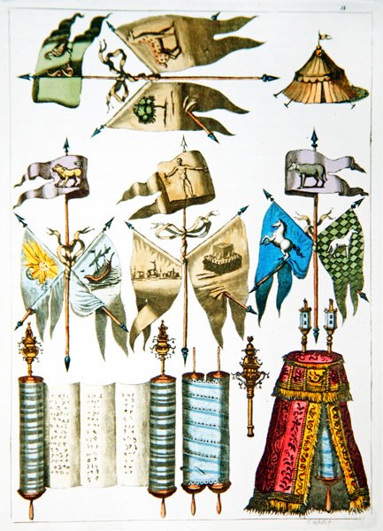 Židovské symboly, vlajky a Tóra (barva litho) od French School