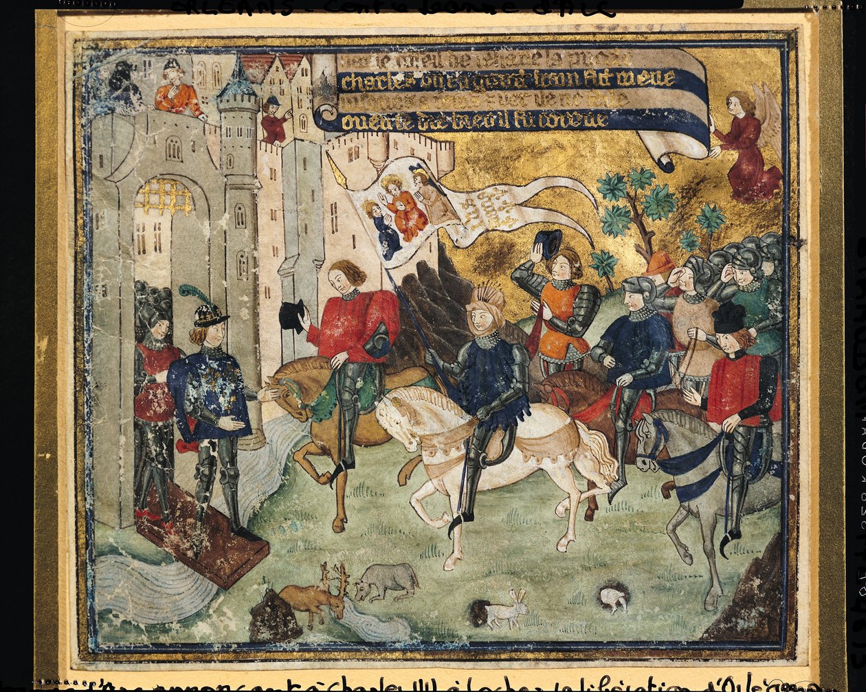 Johanka z Arku (1412-31) Oznámení osvobození Orleansu Karlu VII (1403-61) v Loches od French School