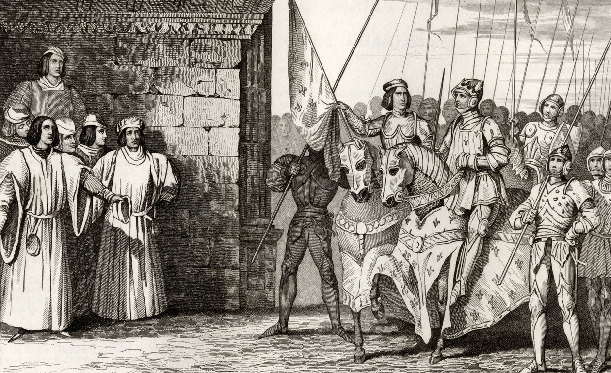 Johanka z Arku (1412-31) přijíždí do Remeše v roce 1429, aby se zúčastnila korunovace Karla VII. (1403-61) z „Histoire de France“ od Colarta, vydaného kolem roku 1840 od French School