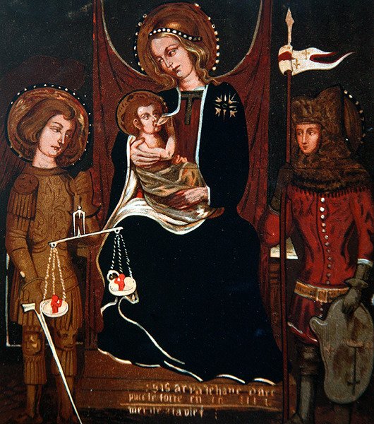 Johanka z Arku a svatý Michael u nohou Panny Marie (barevná rytina) od French School
