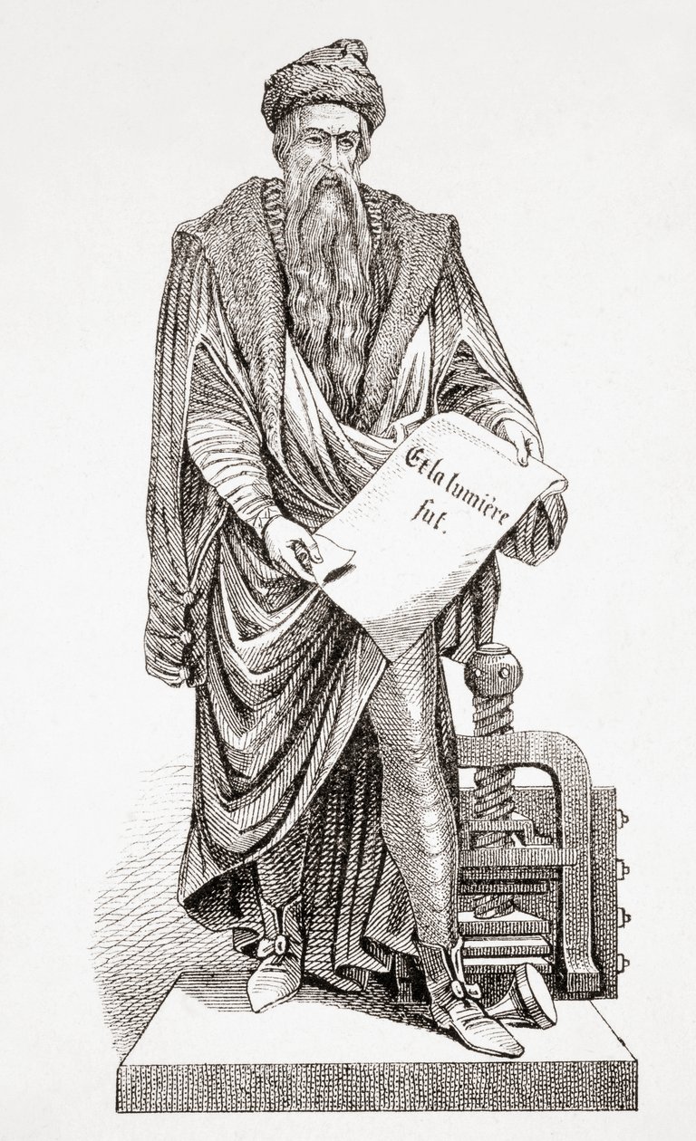 Johannes Gutenberg, ze starověké a moderní univerzální historie, vydáno ve Štrasburku kolem roku 1860 (rytina) od French School