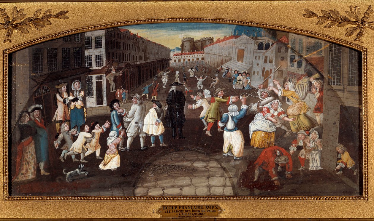 Vtipy z pařížských ulic: Rue Saint-Antoine. - "" Les farces des rues de Paris: la rue du faubourg Saint Antoine a Paris"" Kolemjdoucí, dospělí a děti, zábava a boj. V pozadí vidíme vězení Bastille. Malování (pro de od French School