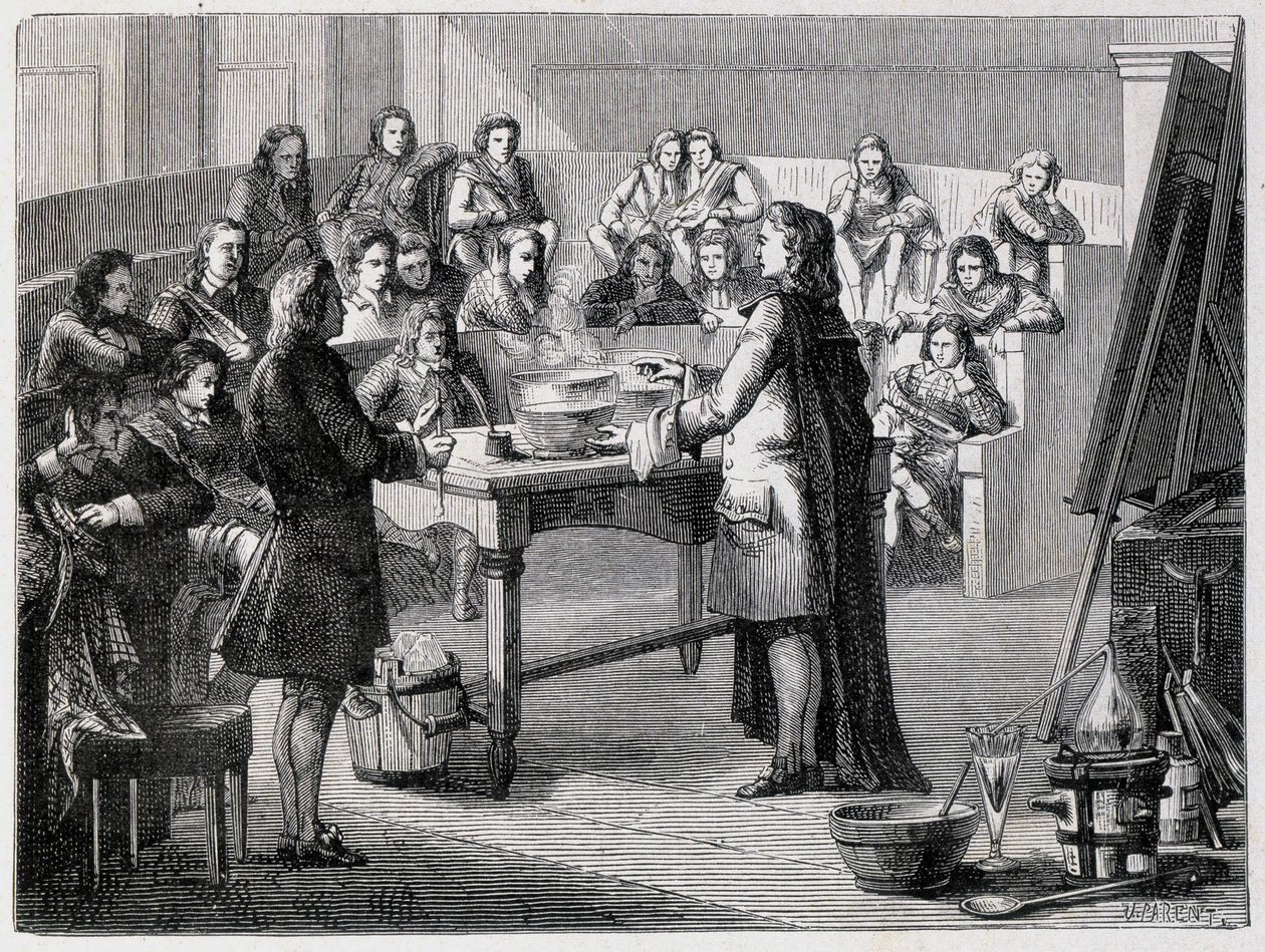 Joseph Black (1728 - 1799), britský chemik a fyzik, zažívá latentní kalorii před studenty University of Glascow od French School