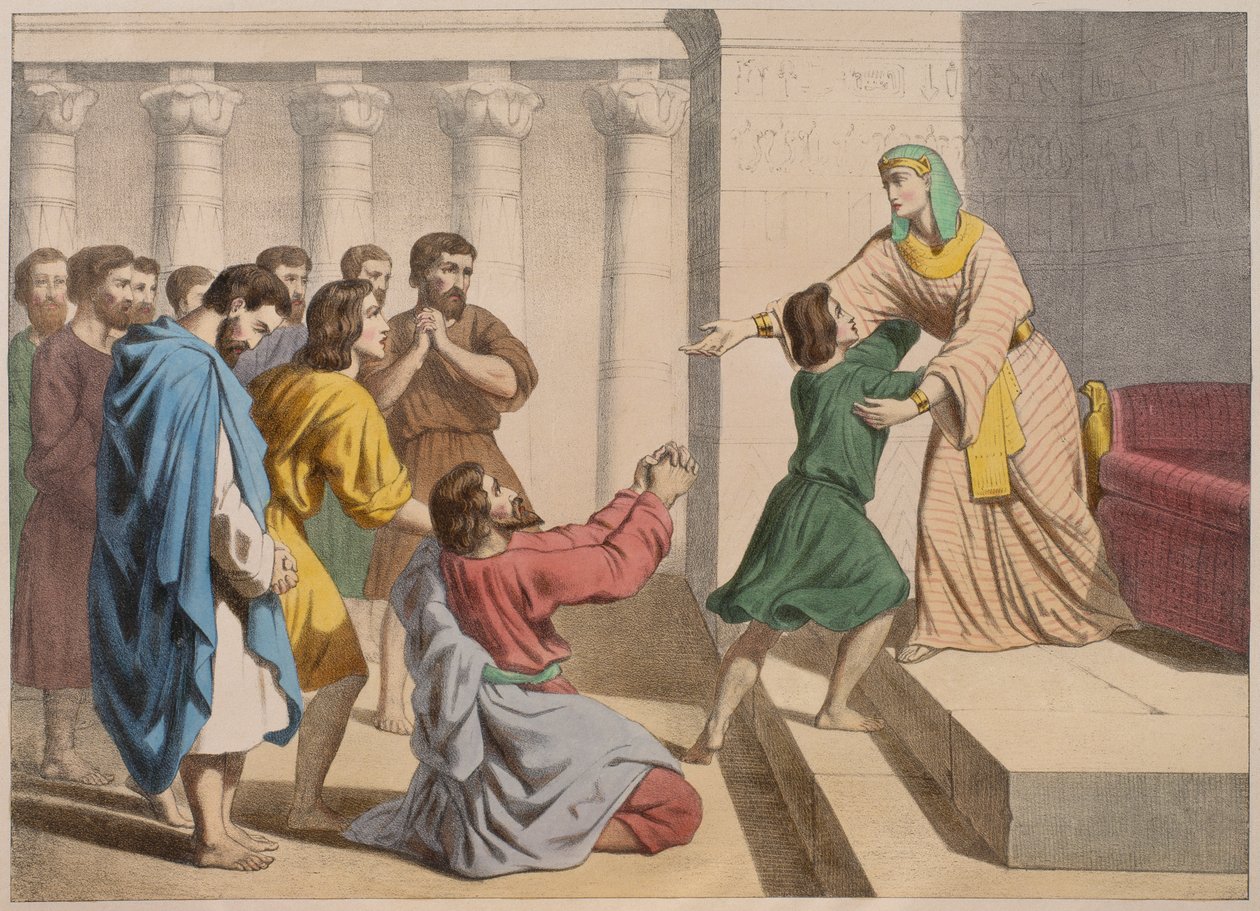 Joseph se nechává poznat svými bratry, ilustrace z katechismu LHistoire Sainte, vydaný Charlesem Delagravem, Paříž, konec 19. století od French School