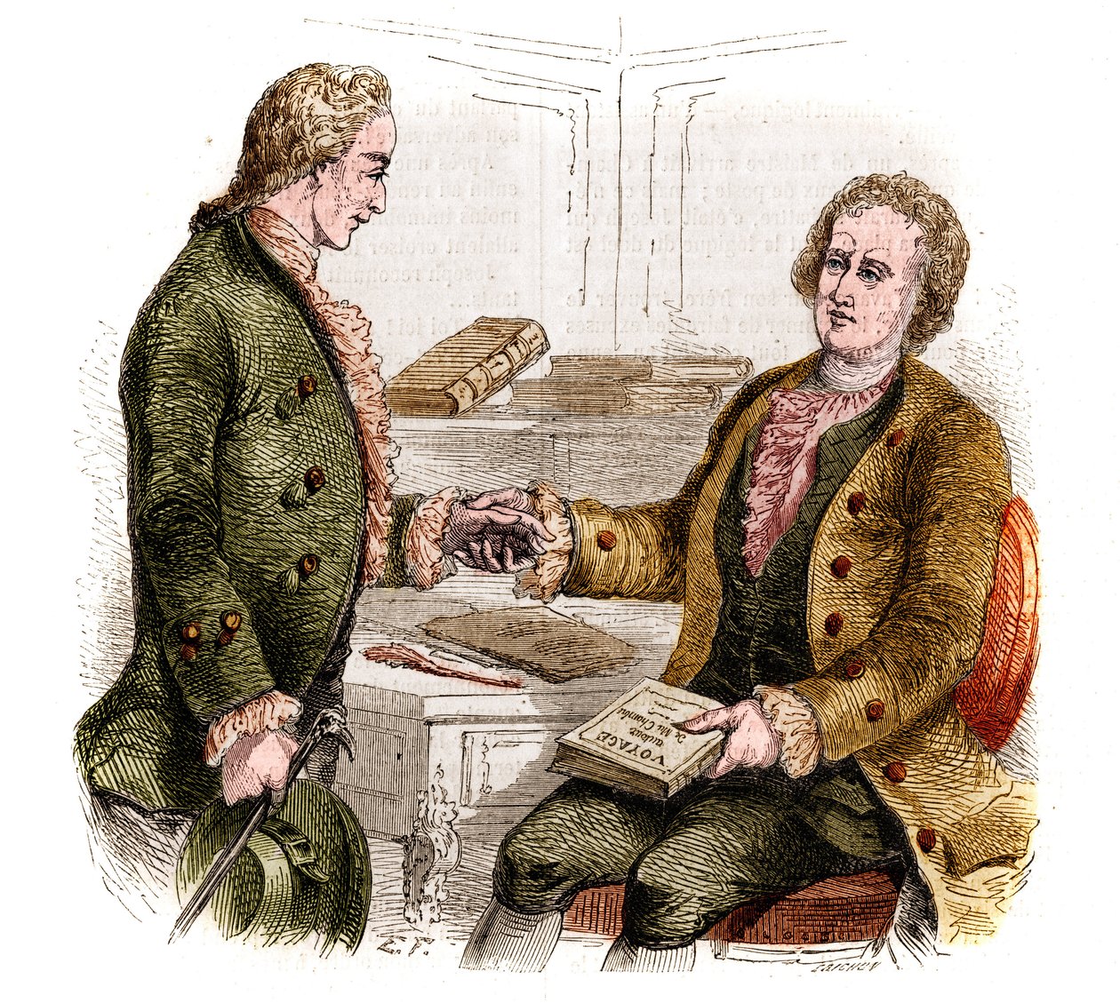 Joseph de Maistre (1753-1821), francouzský politik, spisovatel a filozof, a hrabě Xavier de Maistre (1763-1852), francouzský důstojník a spisovatel s prvním výtiskem „Cesta kolem mého pokoje“. Lesní kresba. Rytina z roku 1852. od French School