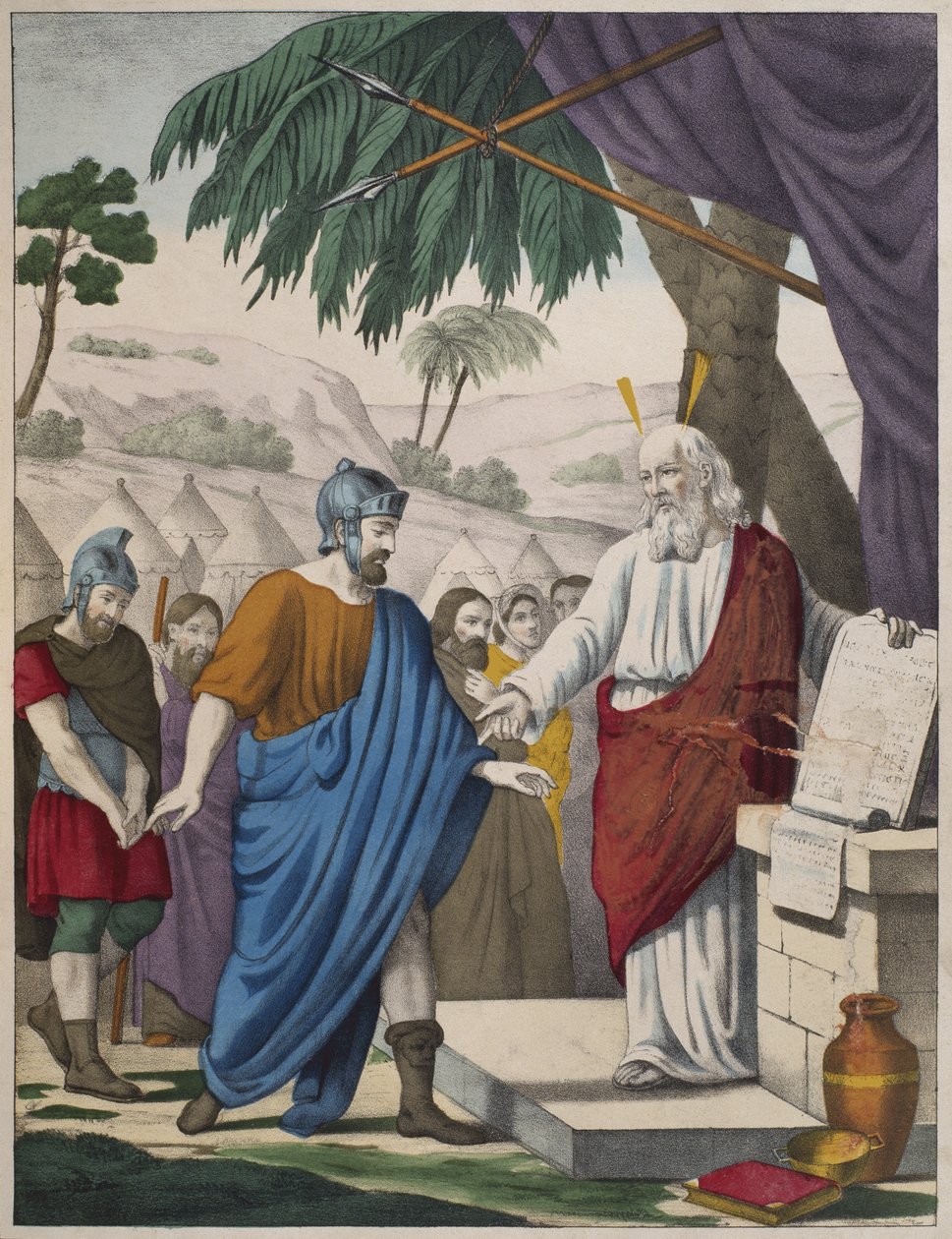 Joshua jmenovaný Mojžíšem jako jeho nástupce, ilustrace z katechismu LHistoire Sainte, vydal Charles Delagrave, Paříž, konec 19. století od French School