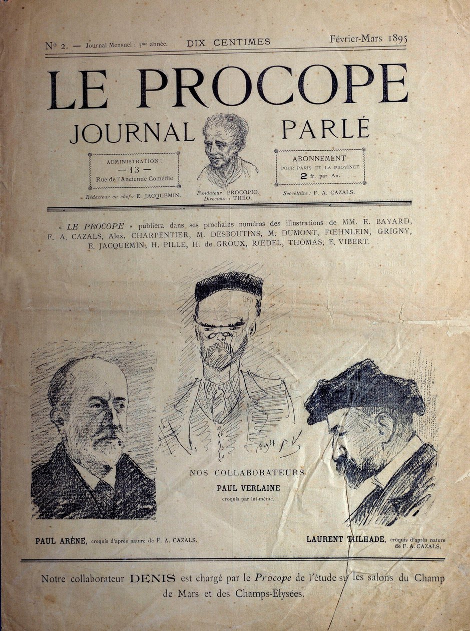 Journal du Proope, pařížská kavárna, únor 1895: portréty francouzských básníků Paul Verlaine, Paul Arene a Laurent Tailhade. od French School