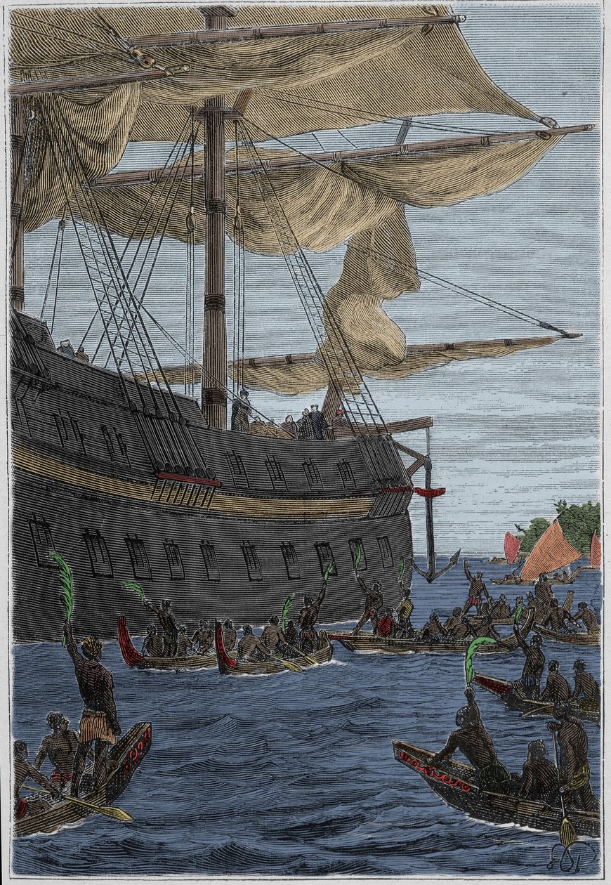 Cesta Samuela Wallise (1728-1795) do Polynésie: domorodí lidé držící v ruce větve banánů jako uvítací pozdrav - ilustrace převzata z „Velkých námořníků 18. století““ od French School