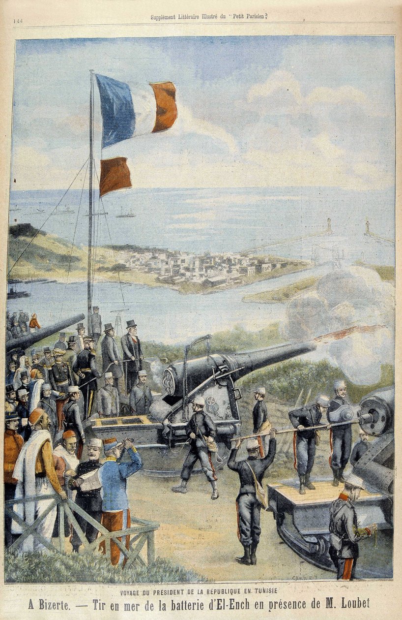 Cesta prezidenta republiky do Tuniska: do Bizerte, střelba na moři z baterie El-Ench za přítomnosti pana Loubeta - v „“Le Peute Parisien“““ z 3.5.1903 od French School