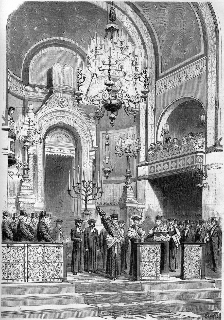 Judaismus: slavnostní přijetí vrchního pařížského rabína Zadoca Kahna (1839-1905) v synagoze na rue Notre Dame de Nazareth, 13. ledna 1869. Vrchní rabín přednesl „Modlitbu za císaře““. Rytina v ""The Illustrious World"" č. 615 z 23 ja od French School