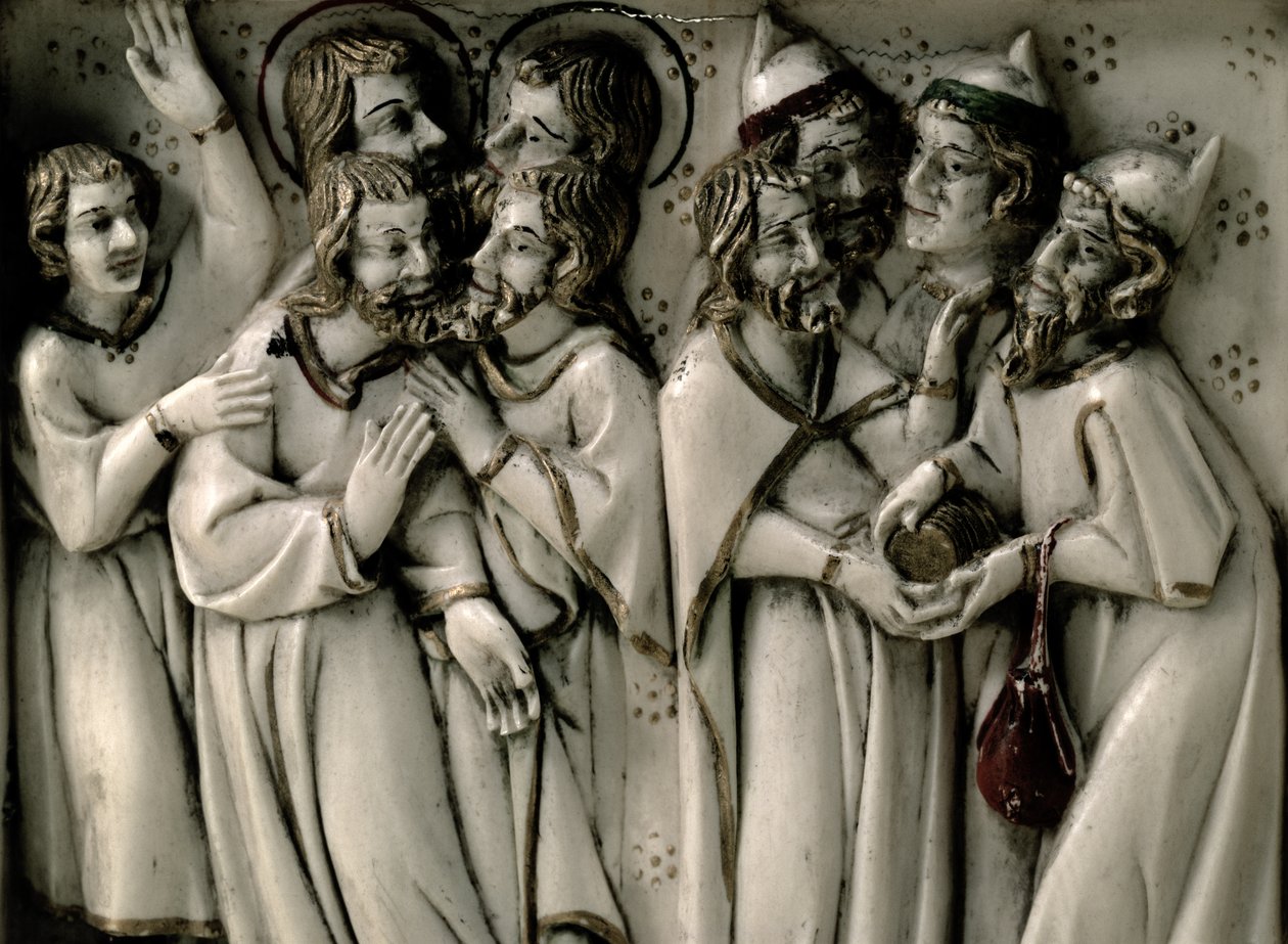 Jidáš dostává třicet stříbrných, detail slonovinového diptychu, francouzština od French School