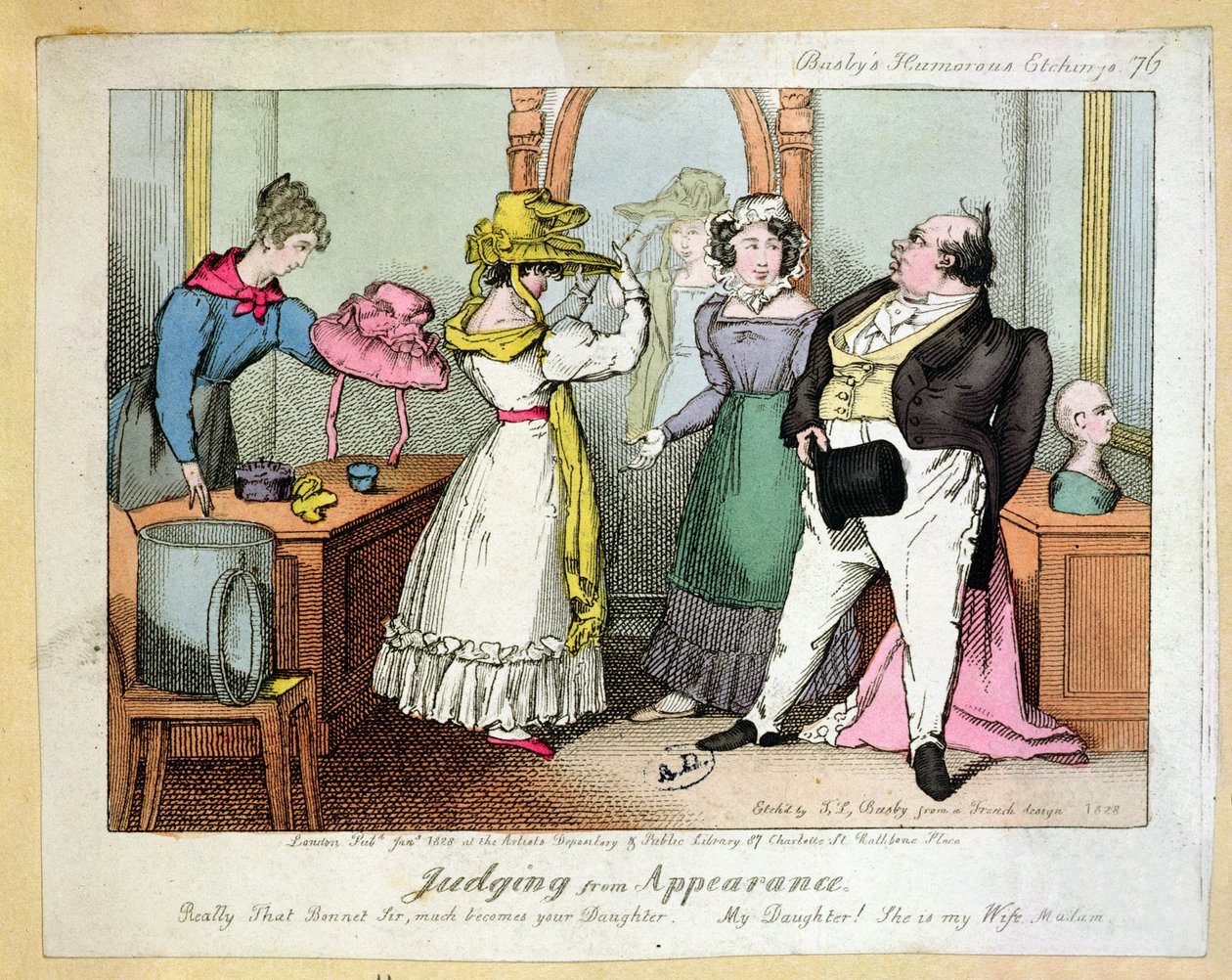 Soudě podle vzhledu, číslo 76 v Busbys Humourous Etchings, vyryté Thomasem Busbym (fl.1804-21) 1828 od French School