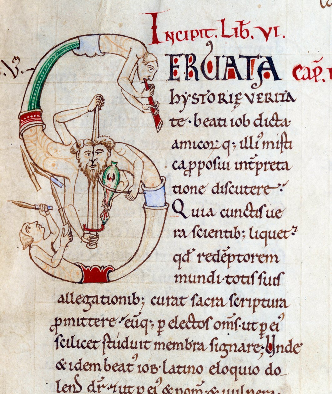 Žongléři a hudebníci - lettrine S (initial). Miniatura z rukopisu "Moralia in Job", Morales sur Job od Saint Gregoire, z opatství citeaux. od French School
