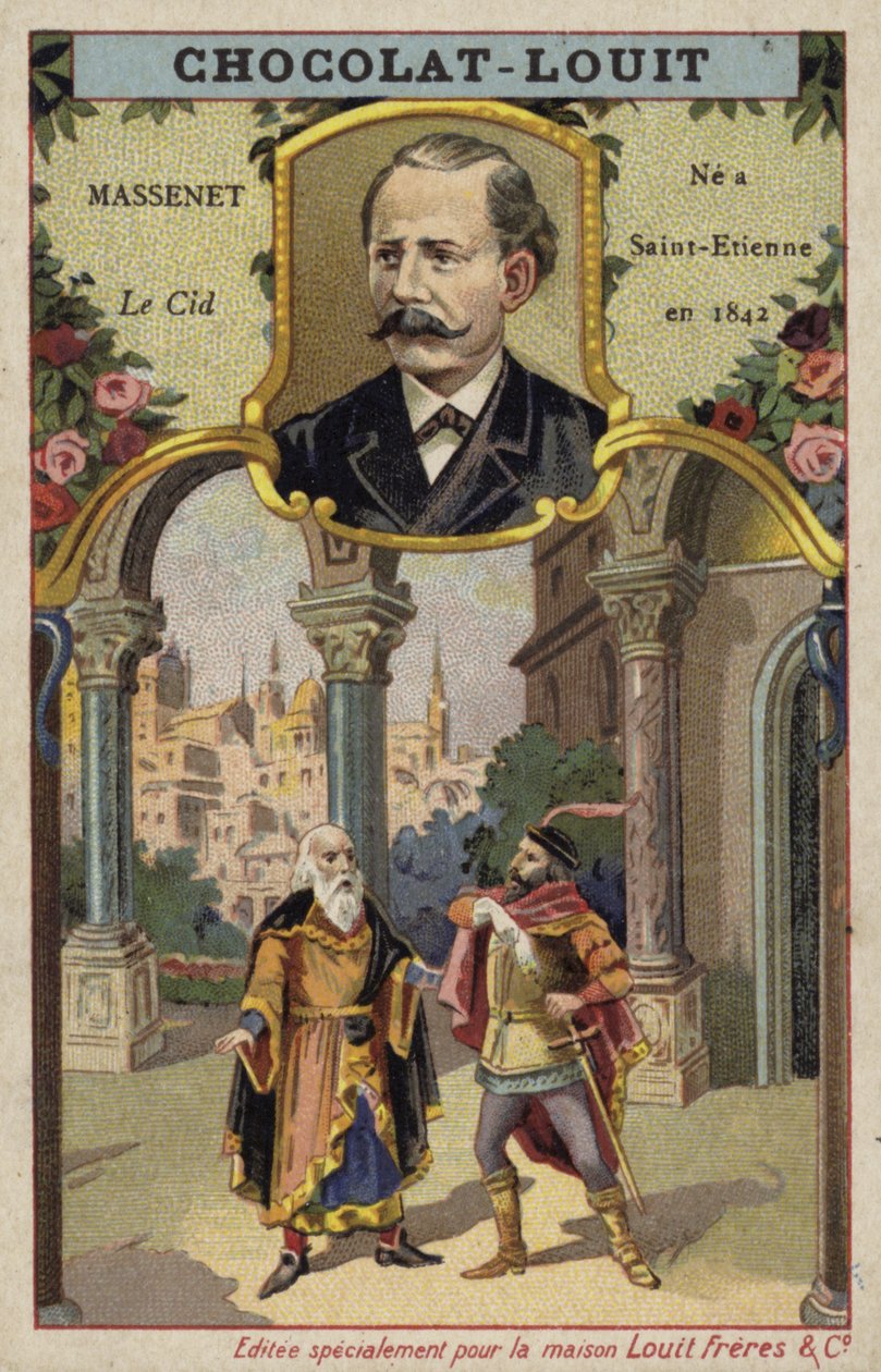 Jules Massenet, francouzský skladatel, a scéna z jeho opery Le Cid (chromolit) od French School