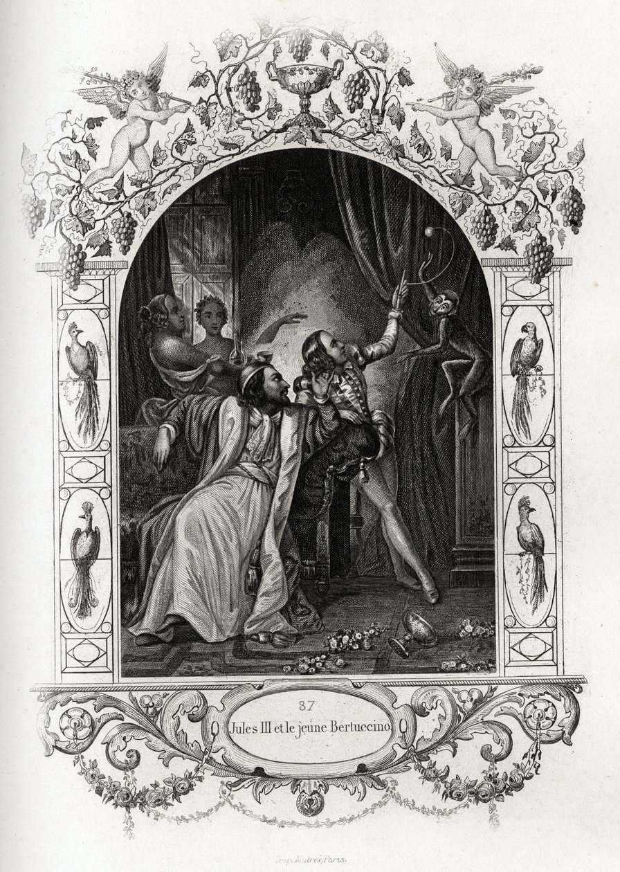 Julius III (julius nebo Iulius nebo Giulio) (papež v letech 1550 až 1555) a mladý Bertuccino, opičí show. Rytina k ilustraci Histoire des Popes od Maurice Lachatre (1814-1900), librairie du progres, Paříž. od French School