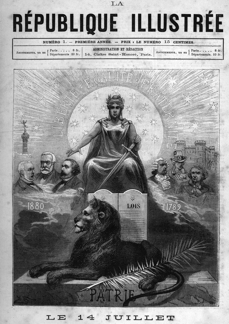 14. července: Allegorie de la Republique Francaise. Žena ověnčená vavříny a držící meč. U jeho nohou lev, palma a stůl zákonů. Nad ním motto republiky „Svoboda, rovnost, bratrství““. Pravděpodobně, intelektuál a politika od French School