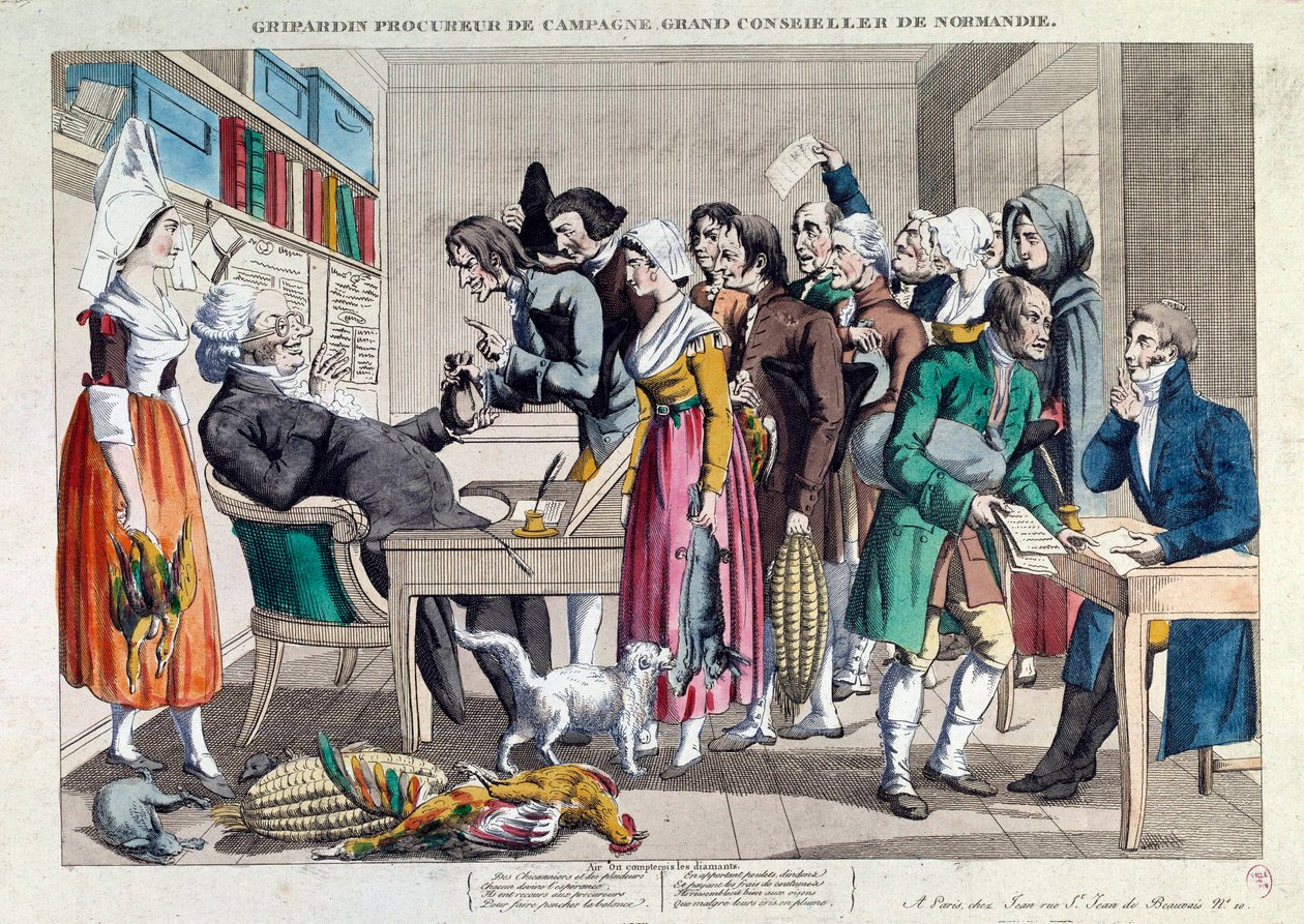 Spravedlnost: „Gripardin, právník kampaně, velký rada Normandie“ Litografie z 18. století. Paříž, Musee Carnavalet od French School