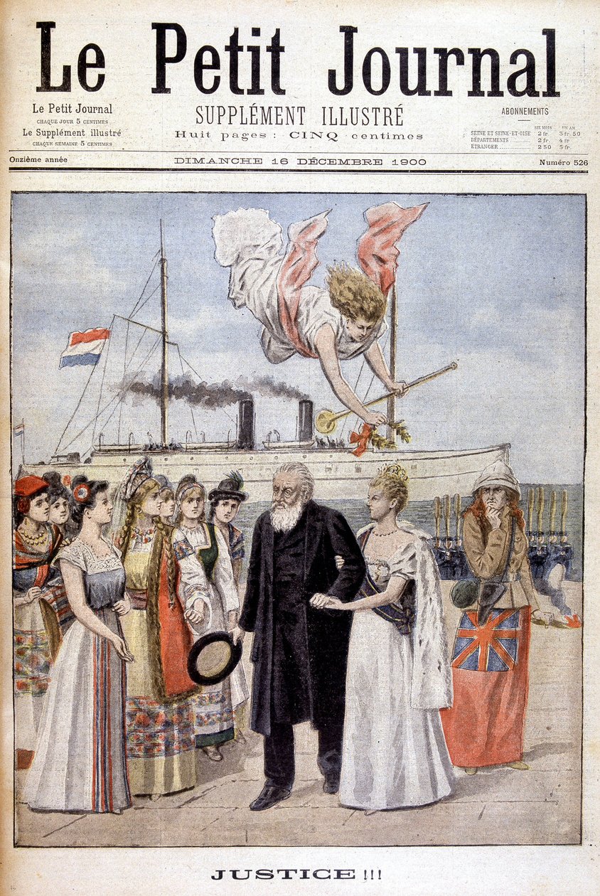 Spravedlnost! : Prezident Kruger přichází hájit věc svého lidu v Holandsku ke královně Wilhelmine - v „Le Petit Journal“ z 16.12.1900 (rytina) od French School