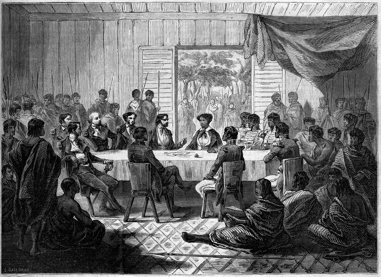 Kabar (setkání) francouzských důstojníků a madagaskarských náčelníků zastupujících královnu Ranavalo Manjaka I (Ranavalona). Madagaskar od French School