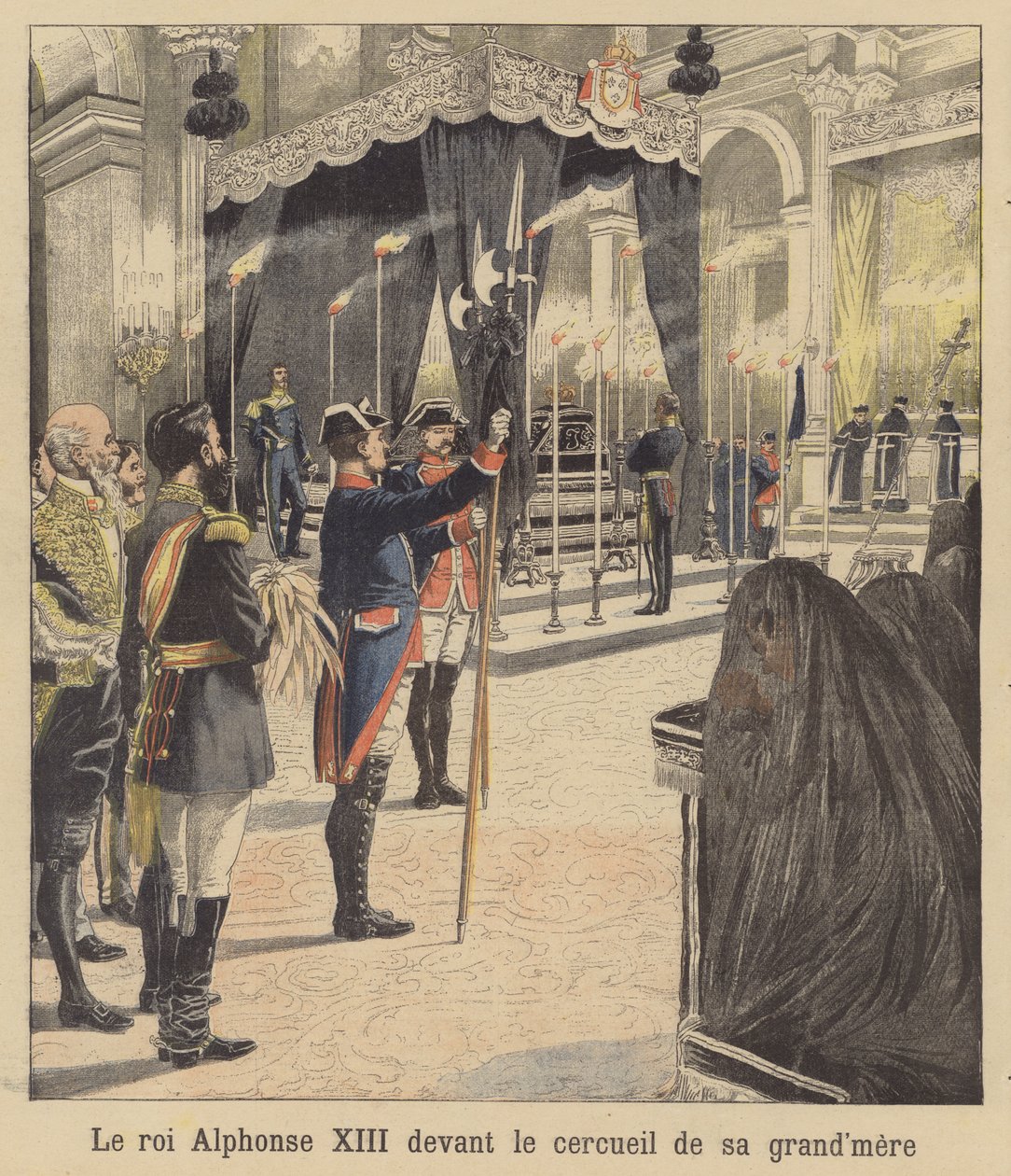 Španělský král Alfons XIII. před rakví své babičky, královny Isabely II (barevná litografie) od French School